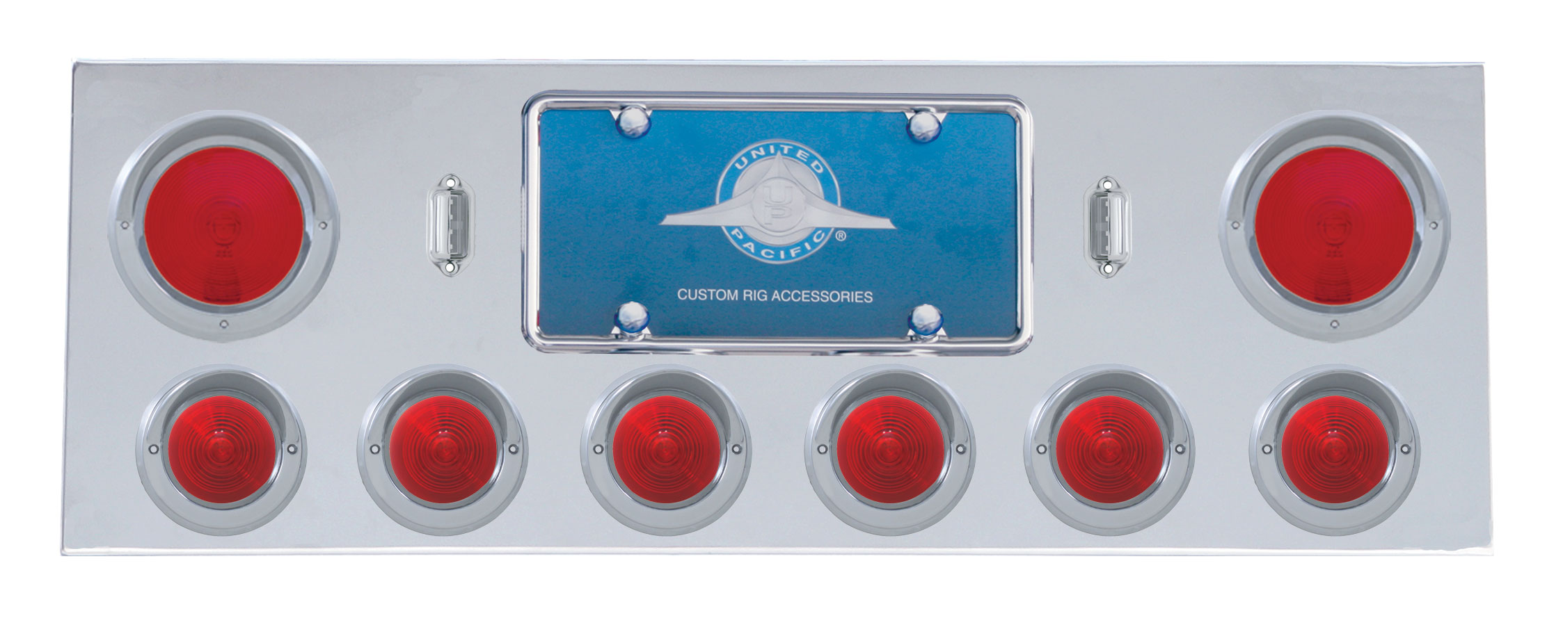 Stainless Steel Rear Center Light Panel W/ Two 4" & Six 2 1/2" Incandescent Beehive Light W/ Visor - Red Lens