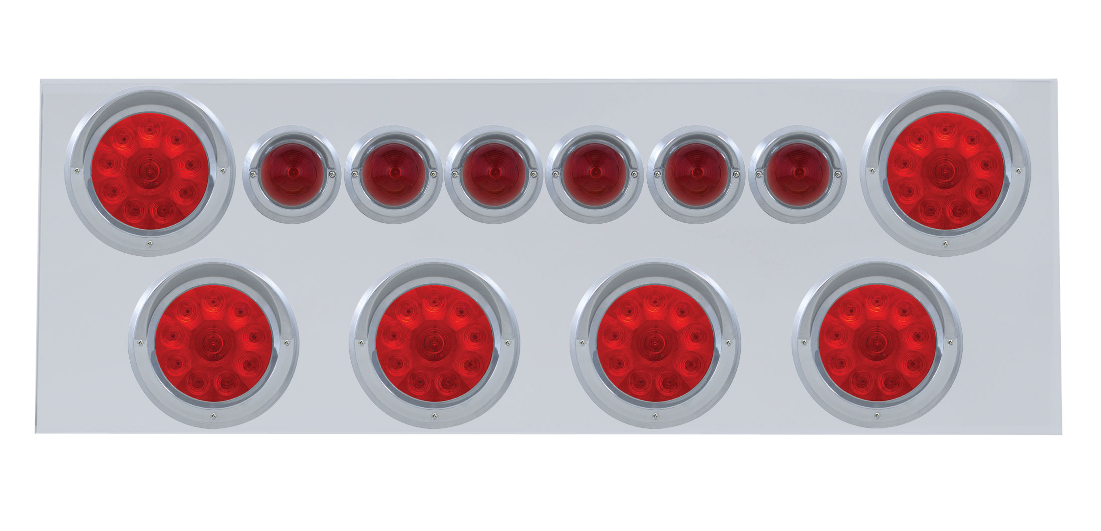 Stainless Steel Rear Center Lt Panel W/ Six 19 Led 4" Lt & Six 9 Led 2" Beehive Lt - Red Led/Red Lens W/ Visor