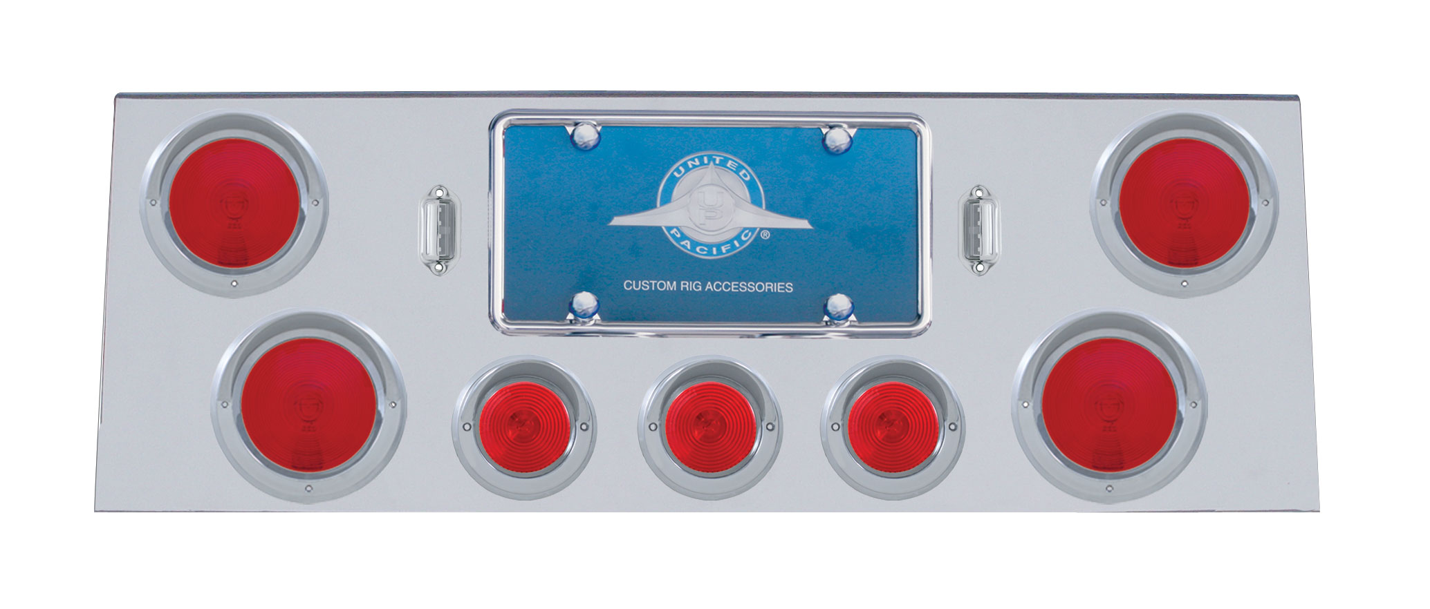 Deluxe Stainless Steel Rear Center Light Panel W/ Four 4" & Three 2 1/2" Incandescent Flat Light W/ Visor - Red Lens