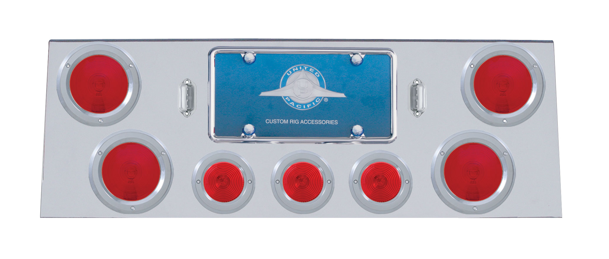 Deluxe Stainless Steel Rear Center Light Panel W/ Four 4" & Three 2 1/2" Incandescent Flat Light W/ Bezel - Red Lens