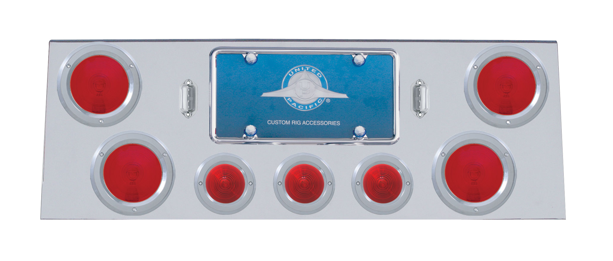 Deluxe Stainless Steel Rear Center Light Panel W/ Four 4" & Three 2 1/2" Incandescent Beehive Light W/ Bezel - Red Lens