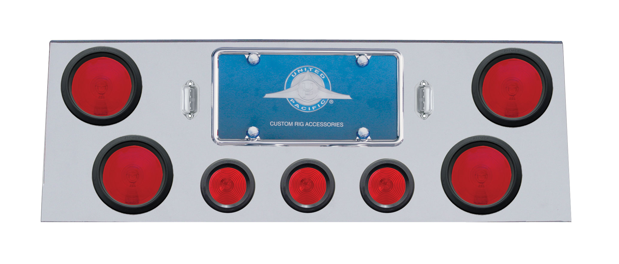 Deluxe Stainless Steel Rear Center Light Panel W/ Four 4" & Three 2 1/2" Incandescent Flat Light W/ Grommet - Red Lens