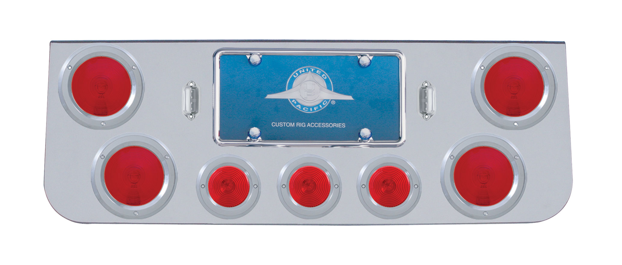 Deluxe Chrome Steel Rear Center Lt Panel W/ Four 4" & Three 2 1/2" Incandescent Flat Lt W/ Bezel - Red Lens