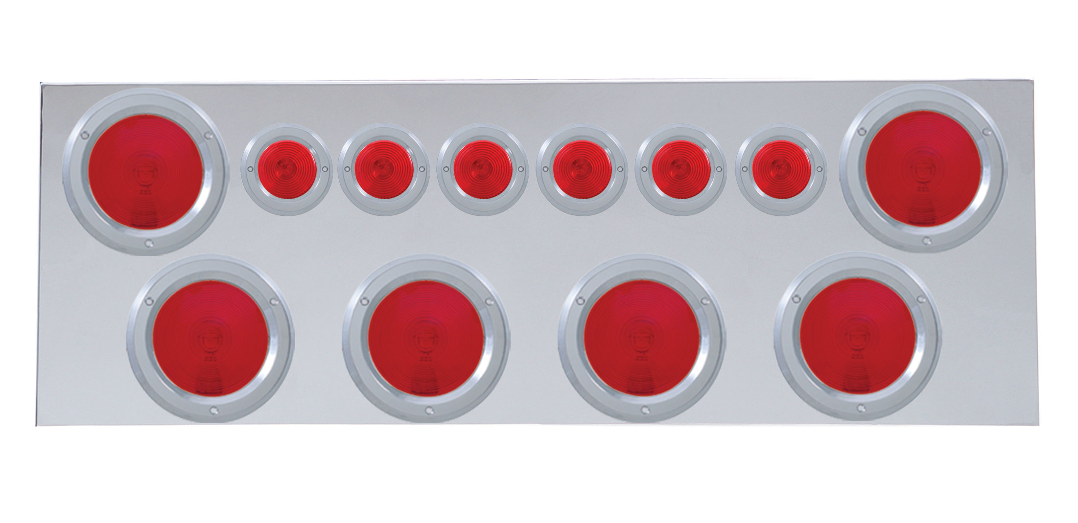 Stainless Steel Rear Center Light Panel W/ Six 4" & Six 2 1/2" Incandescent Flat Light W/ Bezel - Red Lens
