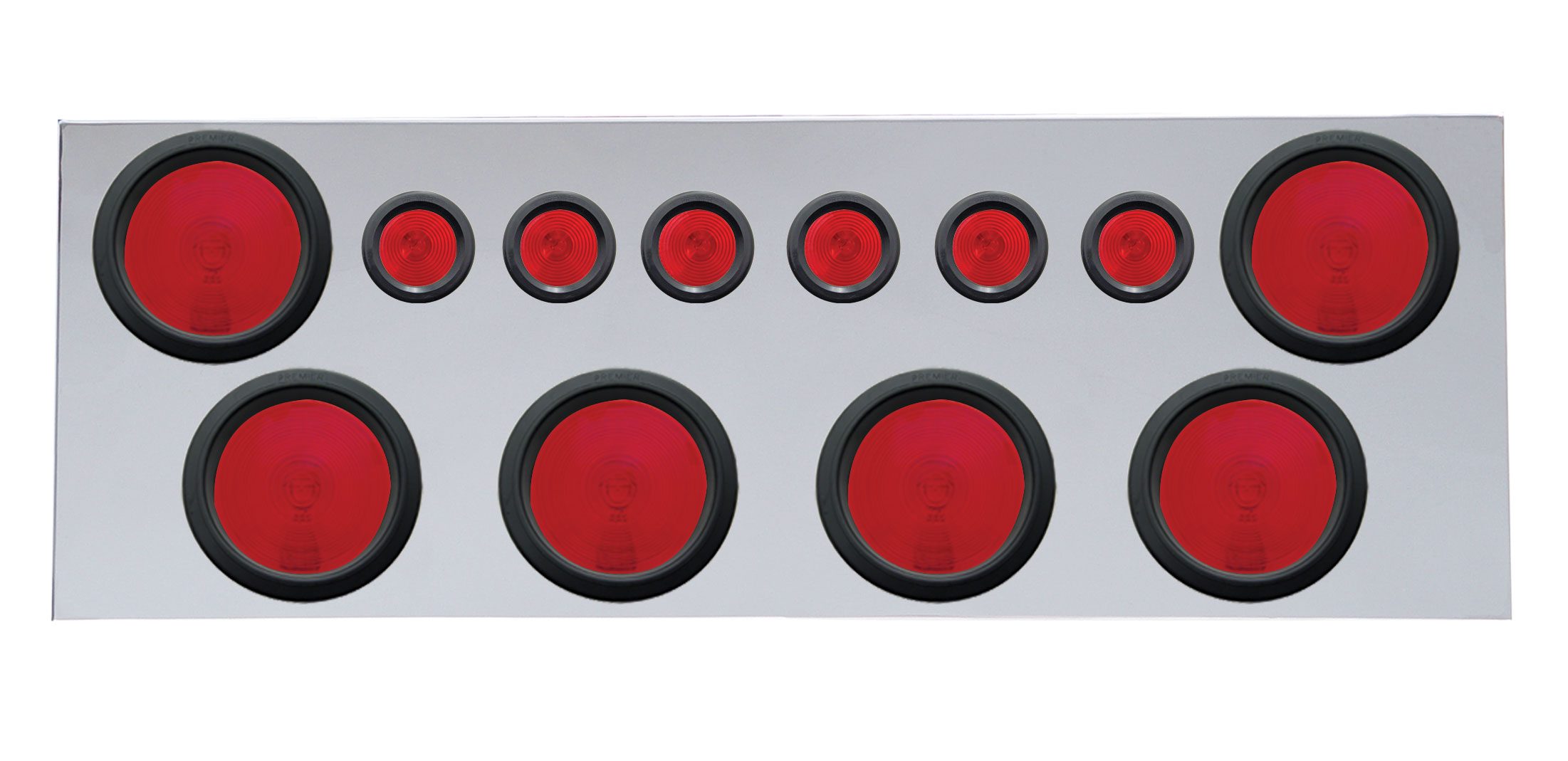 Stainless Steel Rear Center Light Panel W/ Six 4" & Six 2 1/2" Incandescent Flat Light W/ Grommet - Red Lens