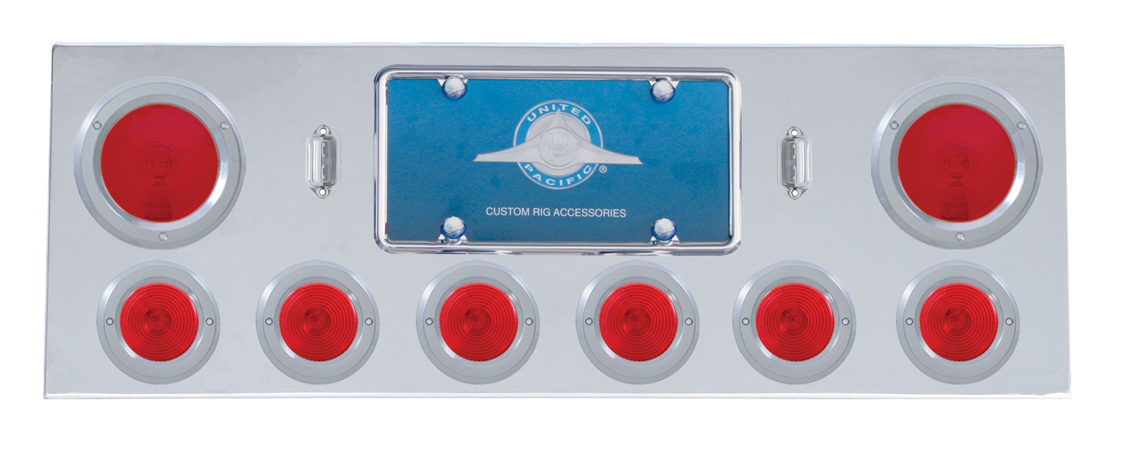 Stainless Steel Rear Center Light Panel W/ Two 4" & Six 2 1/2" Incandescent Flat Light W/ Bezel - Red Lens