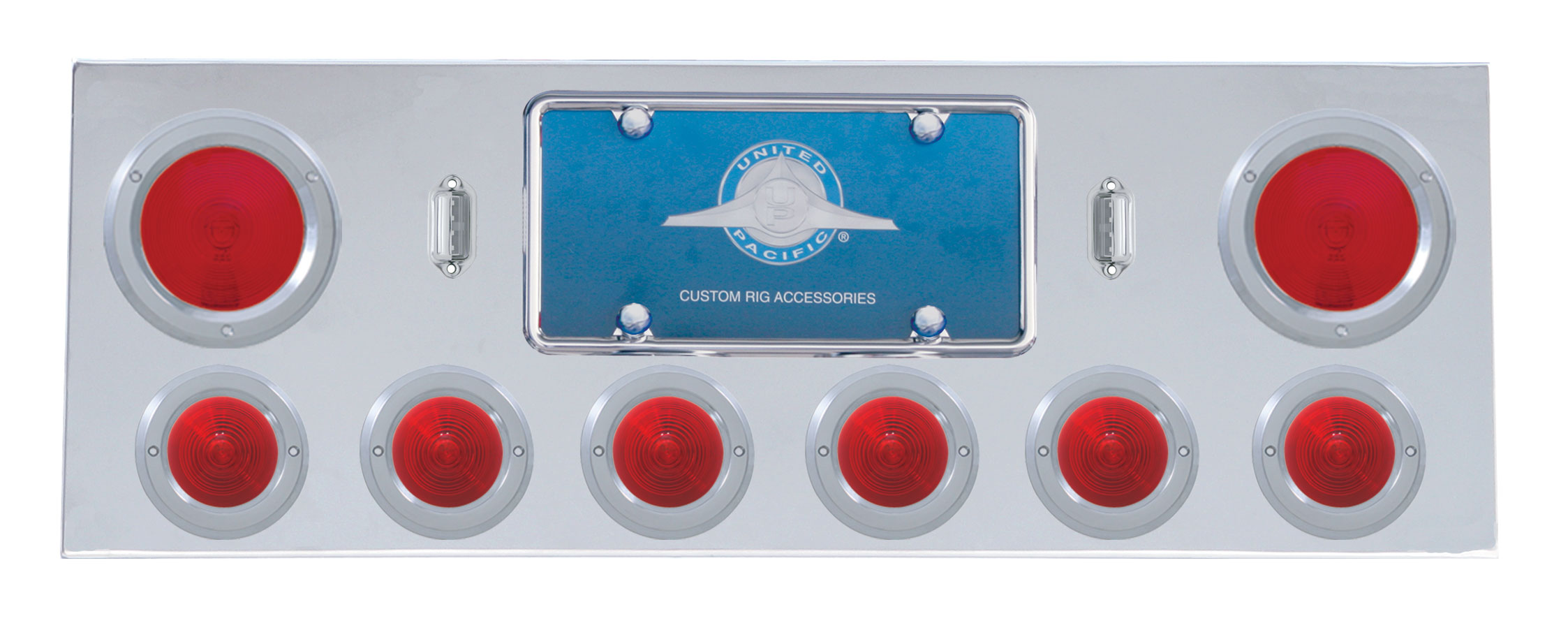 Stainless Steel Rear Center Light Panel W/ Two 4" & Six 2 1/2" Incandescent Beehive Light W/ Bezel - Red Lens