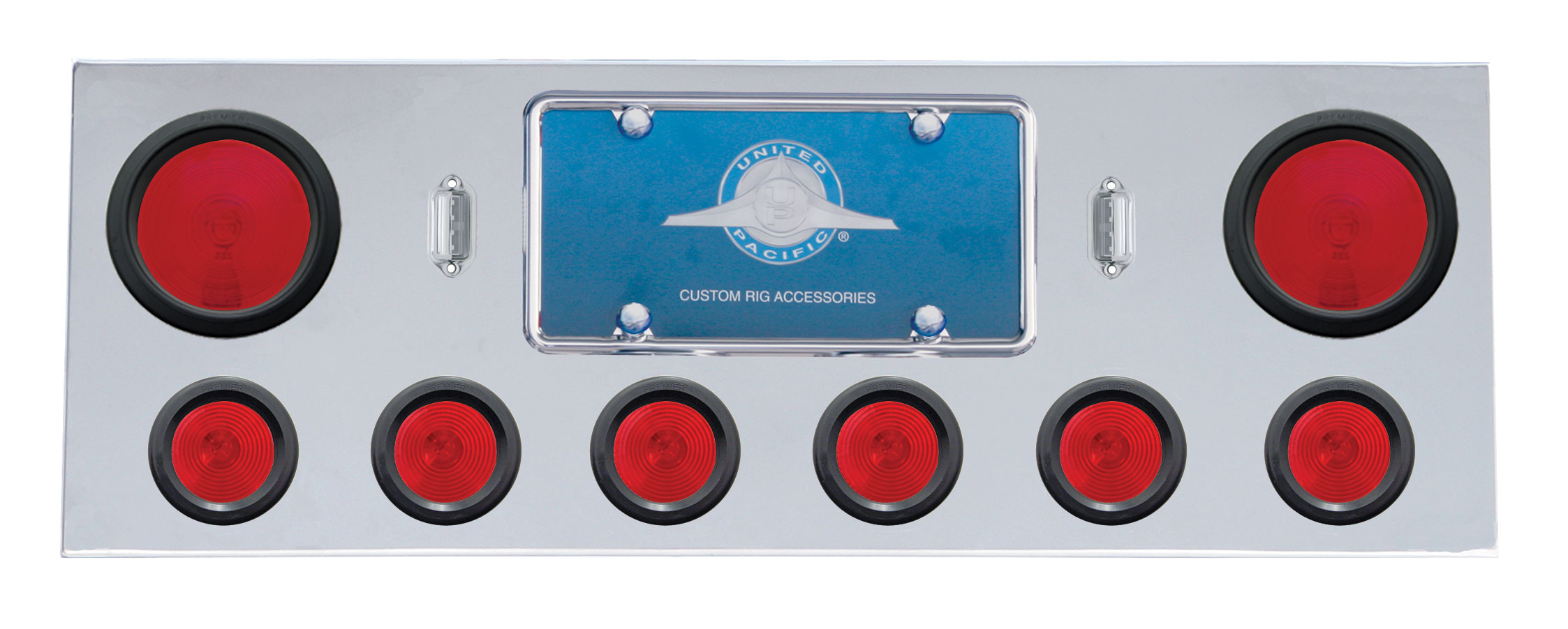 Stainless Steel Rear Center Light Panel W/ Two 4" & Six 2 1/2" Incandescent Flat Light W/ Grommet - Red Lens