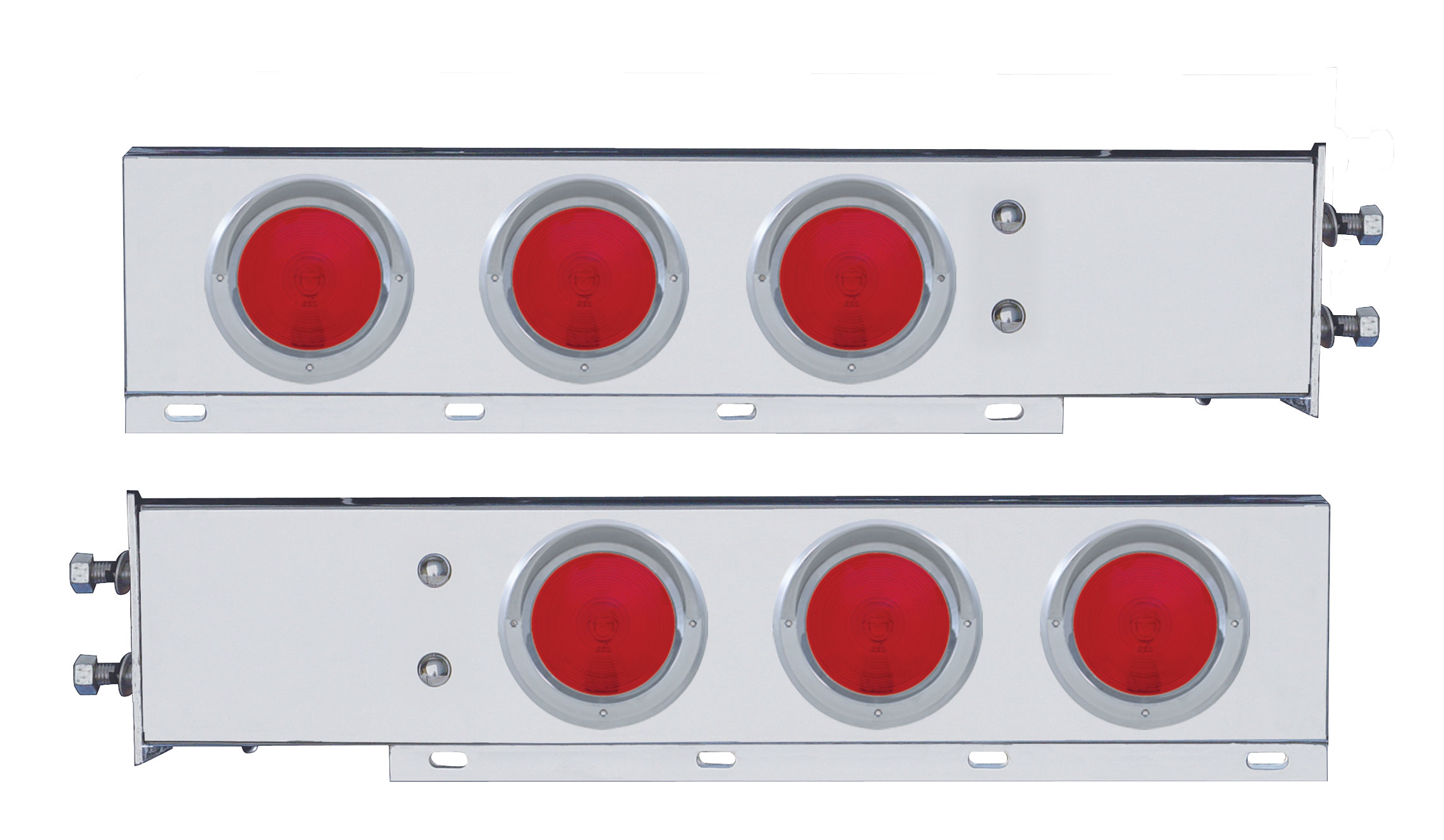 (2/Bulk) 430 Stainless Steel Spring Loaded Rear Lt Bar W/ Six 4" Round Red Incandescent Lt W/ Visor - 2" Bolt Pattern