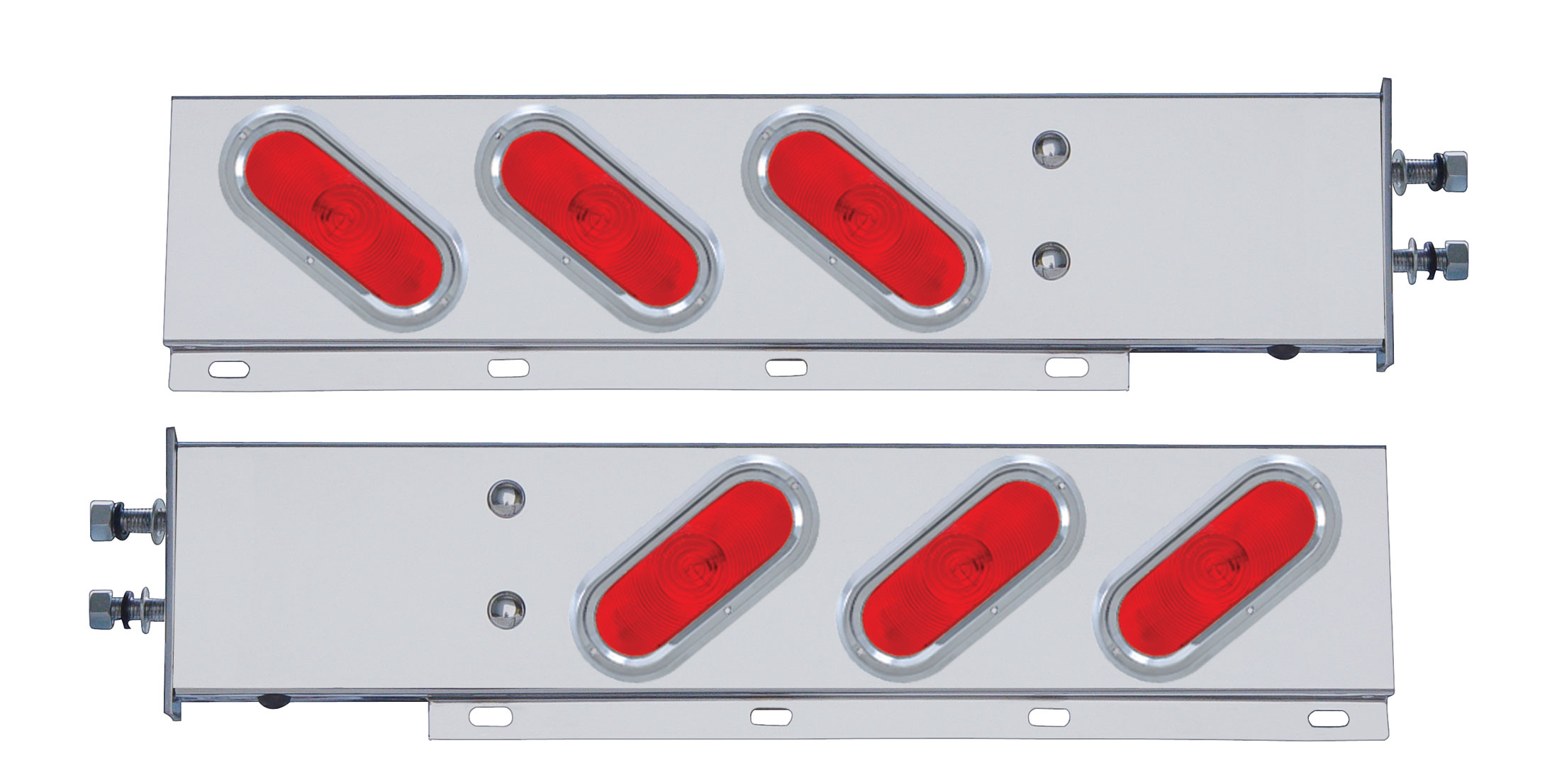 (2/Bulk) 430 Stainless Steel Spring Loaded Rear Lt Bar W/ 6 Slanted Up Oval Red Incandescent Lt W/ Visor - 2 1/2" Bolt Pattern
