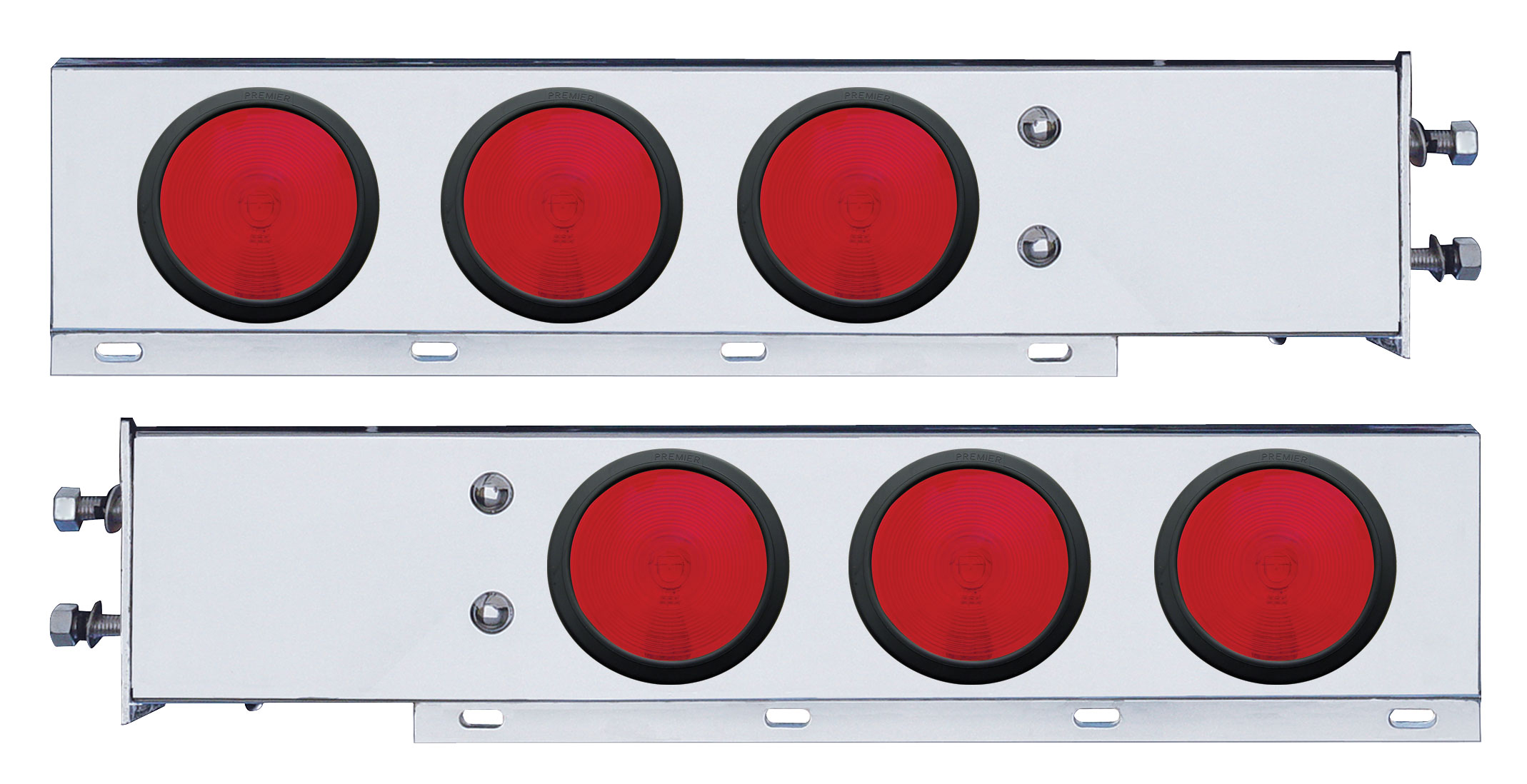 (2/Bulk) 430 Stainless Steel Spring Loaded Rear Lt Bar W/ Six 4" Round Red Incandescent Lt - 2 1/2" Bolt Pattern