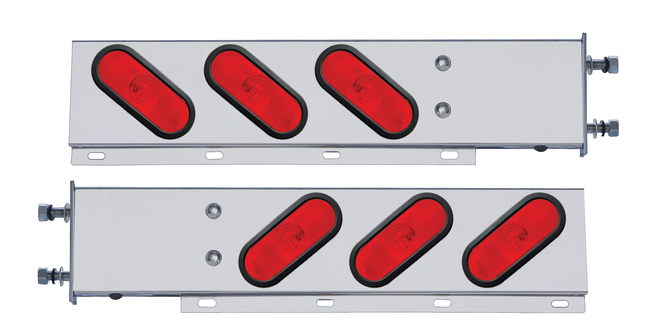 (2/Bulk) 430 Stainless Steel Spring Loaded Rear Lt Bar W/ 6 Slanted Up Oval Red Incandescent Lt - 3 3/4" Bolt Pattern