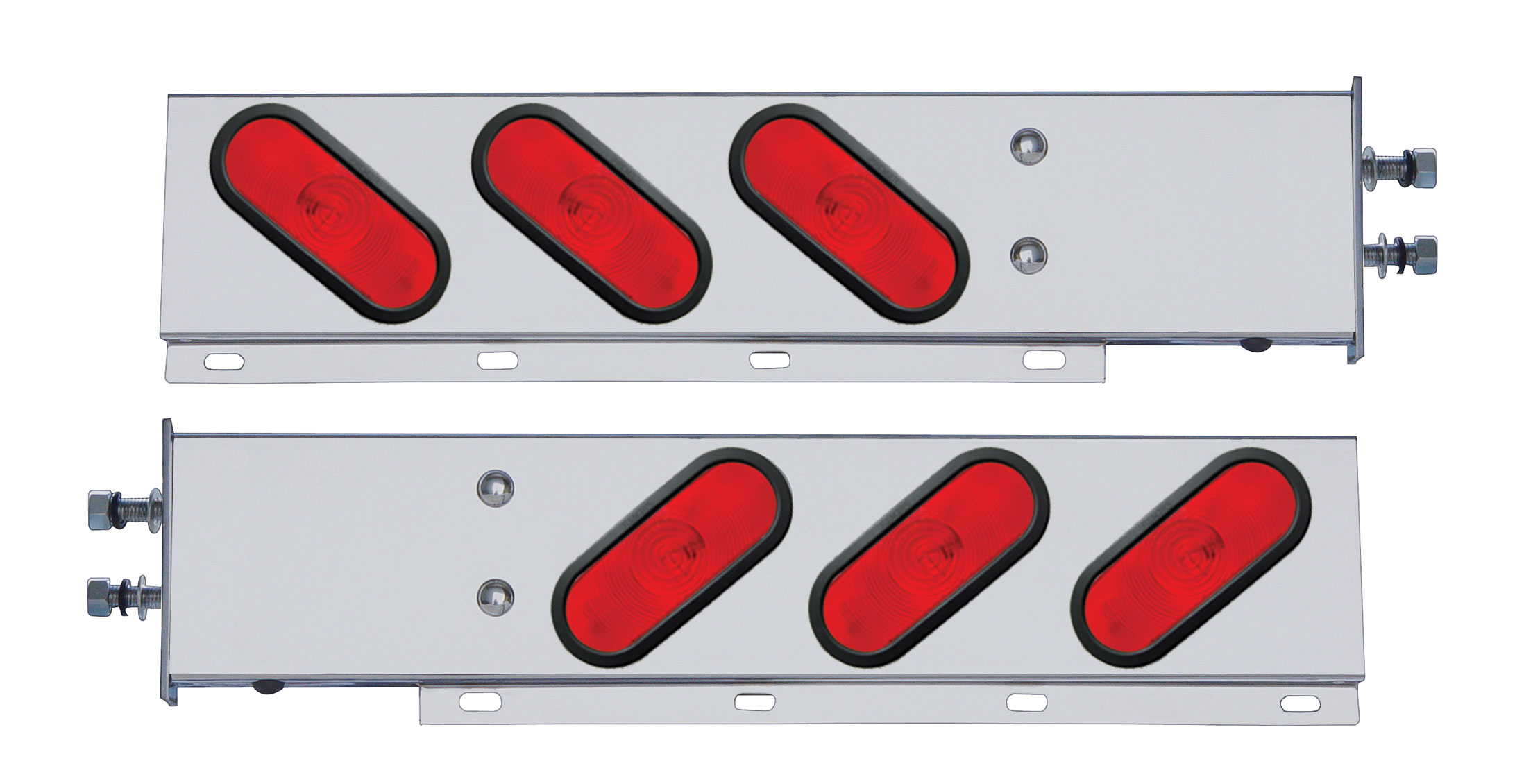 (2/Bulk) 430 Stainless Steel Spring Loaded Rear Lt Bar W/ 6 Slanted Up Oval Red Incandescent Lt - 2 1/2" Bolt Pattern