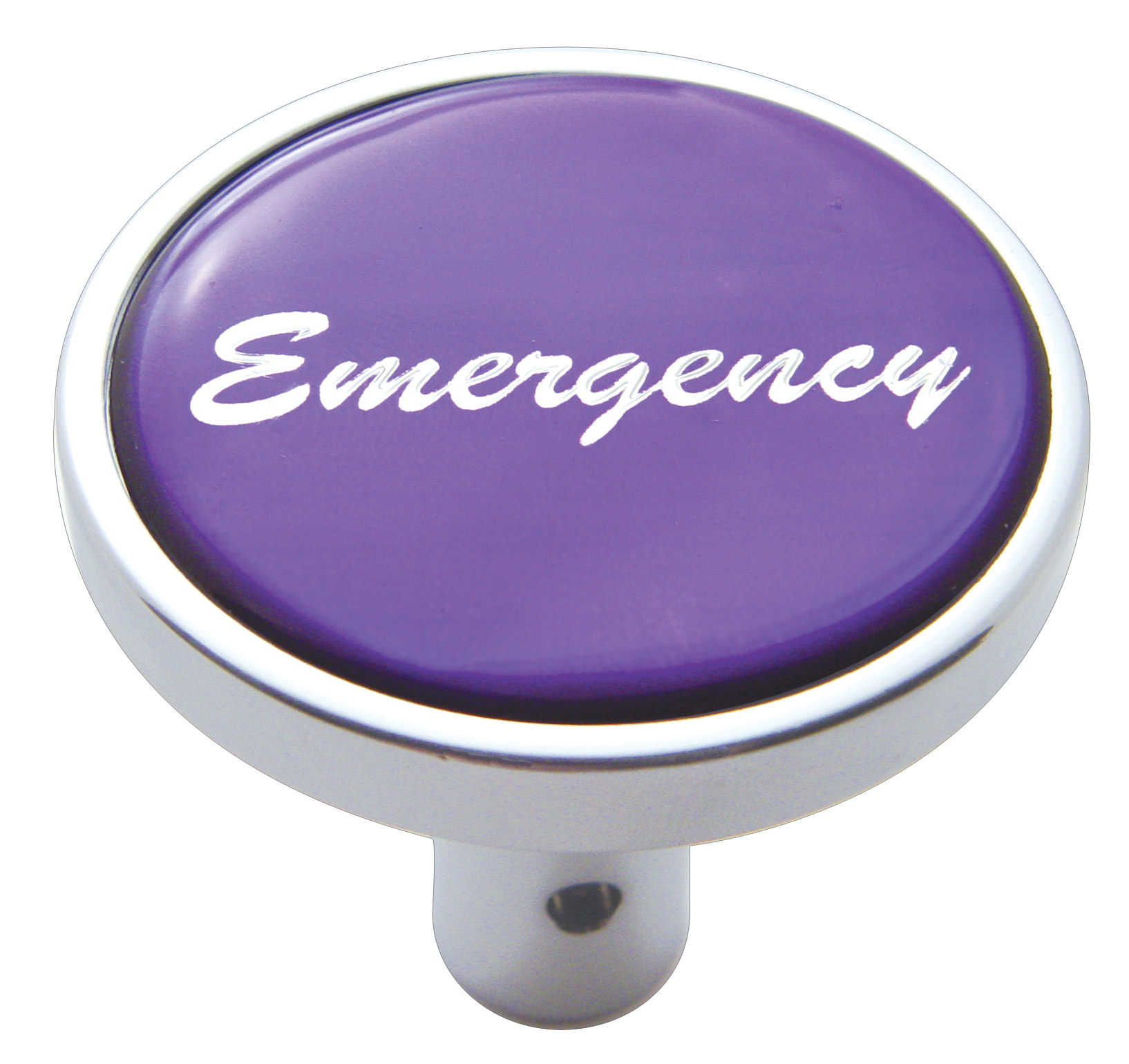 Chrome Long Pin Mount Air Valve Knob W/ Glossy "Emergency" Sticker - Purple