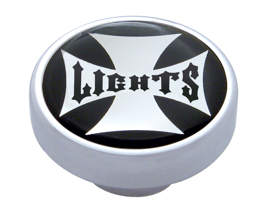 Chrome Dash Knob W/ Glossy "Panel Lights" Maltese Cross Sticker - Black