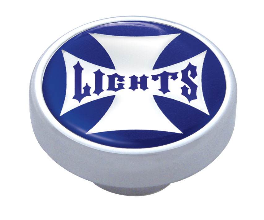 Chrome Dash Knob W/ Glossy "Panel Lights" Maltese Cross Sticker - Blue