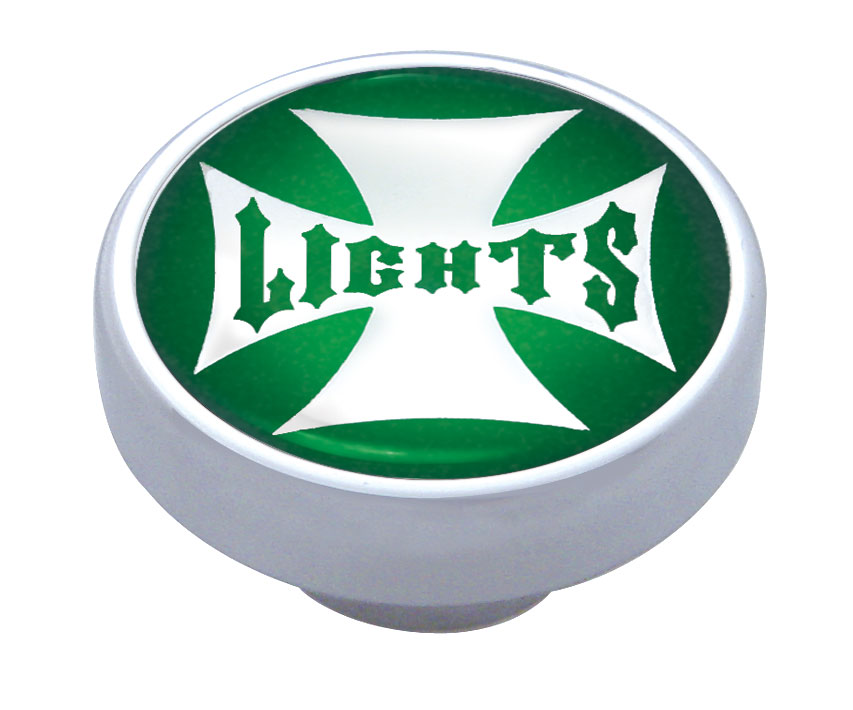 Chrome Dash Knob W/ Glossy "Panel Lights" Maltese Cross Sticker - Green