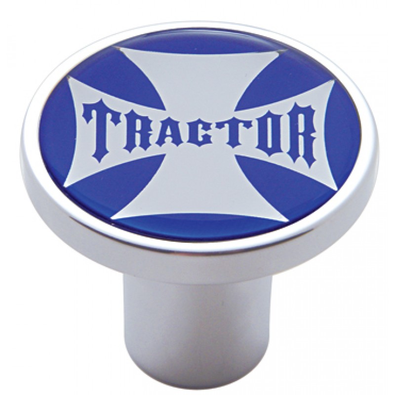 Chrome Air Valve Knob W/ Glossy "Tractor" Maltese Cross Sticker - Blue