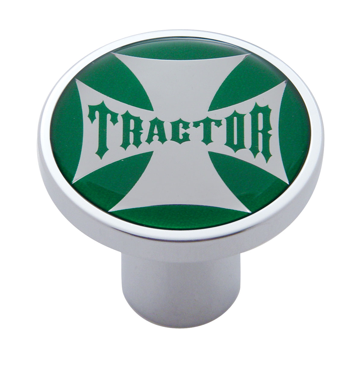 Chrome Air Valve Knob W/ Glossy "Tractor" Maltese Cross Sticker - Green