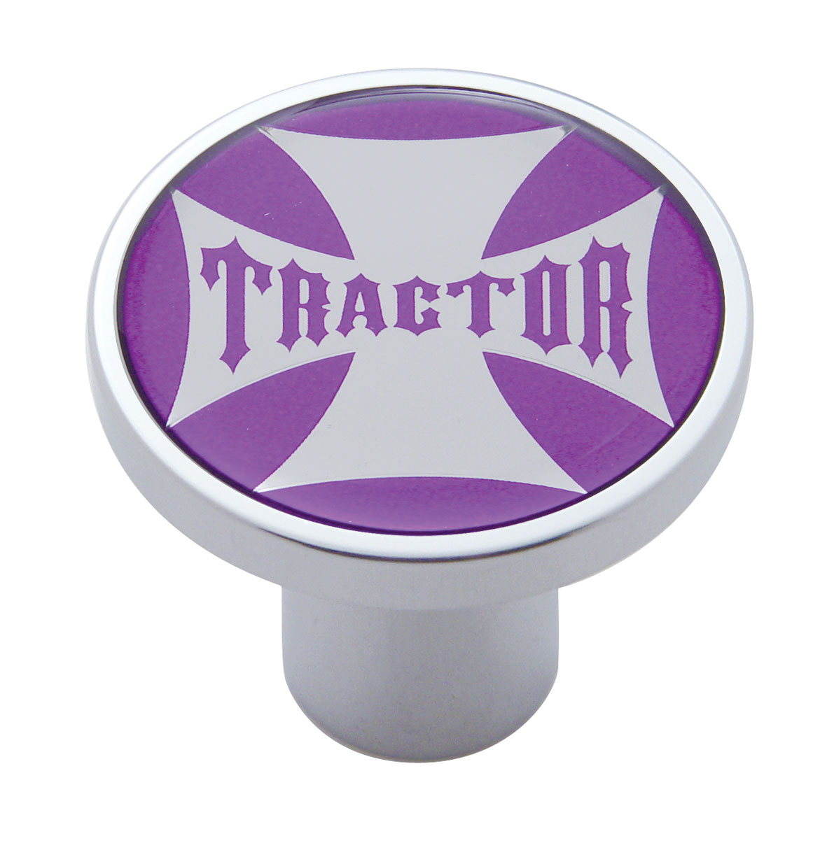 Chrome Air Valve Knob W/ Glossy "Tractor" Maltese Cross Sticker - Purple