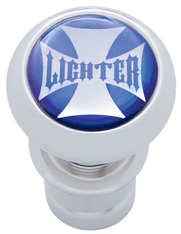 Chrome Aluminum Deluxe Cigarette Lighter W/ Glossy "Lighter" Maltese Cross Sticker - Blue