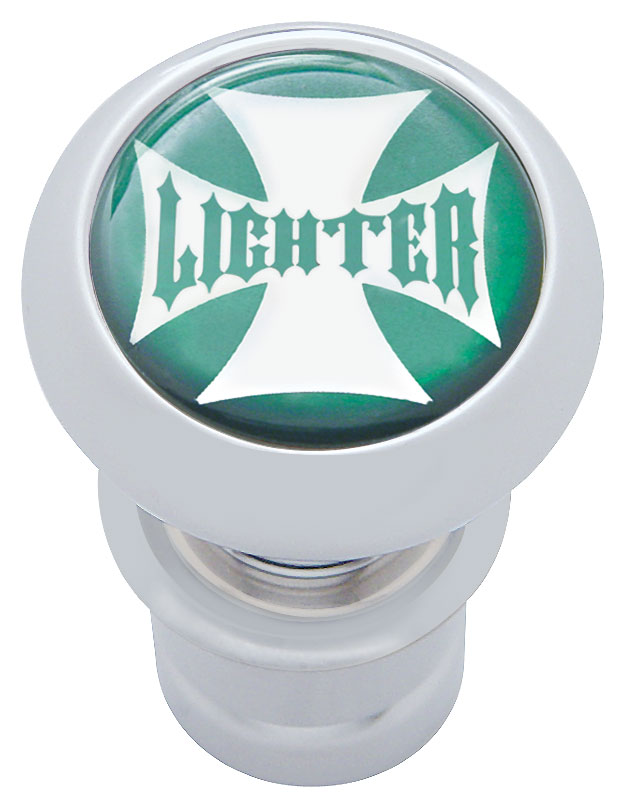 Chrome Aluminum Deluxe Cigarette Lighter W/ Glossy "Lighter" Maltese Cross Sticker - Green