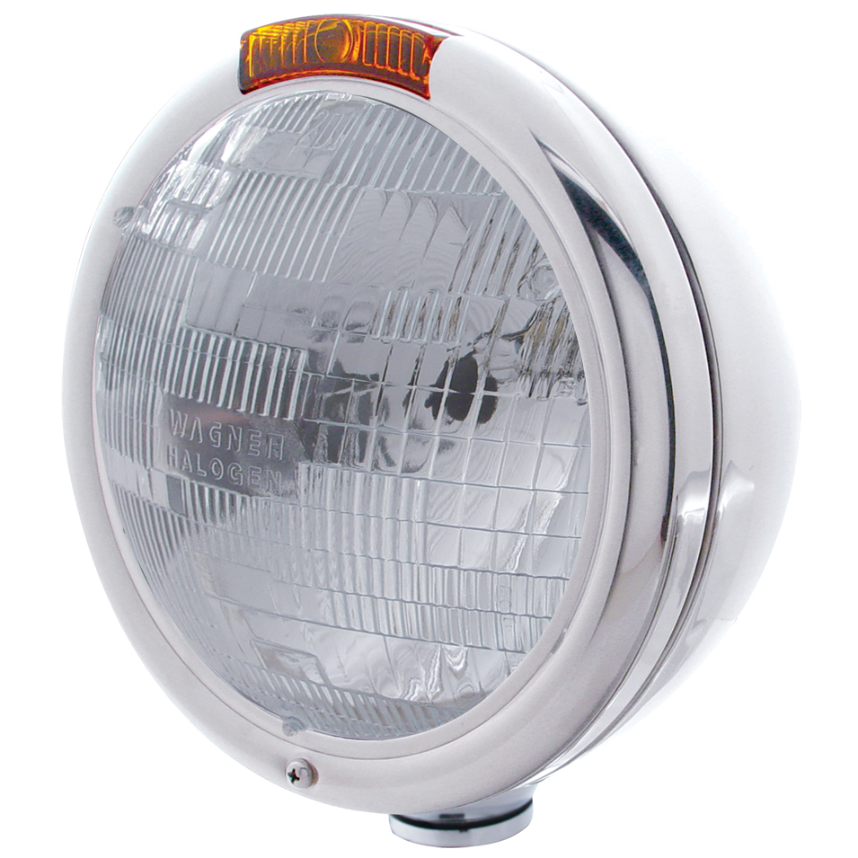 Stainless Steel "Classic" Peterbilt H6024 Halogen Headlight W/ Incandescent Signal Light - Amber
