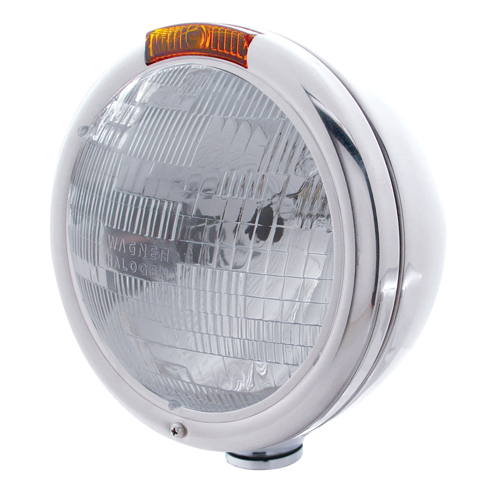 Chrome "Classic" Peterbilt H6024 Halogen Headlight W/ Incandescent Signal Light - Amber