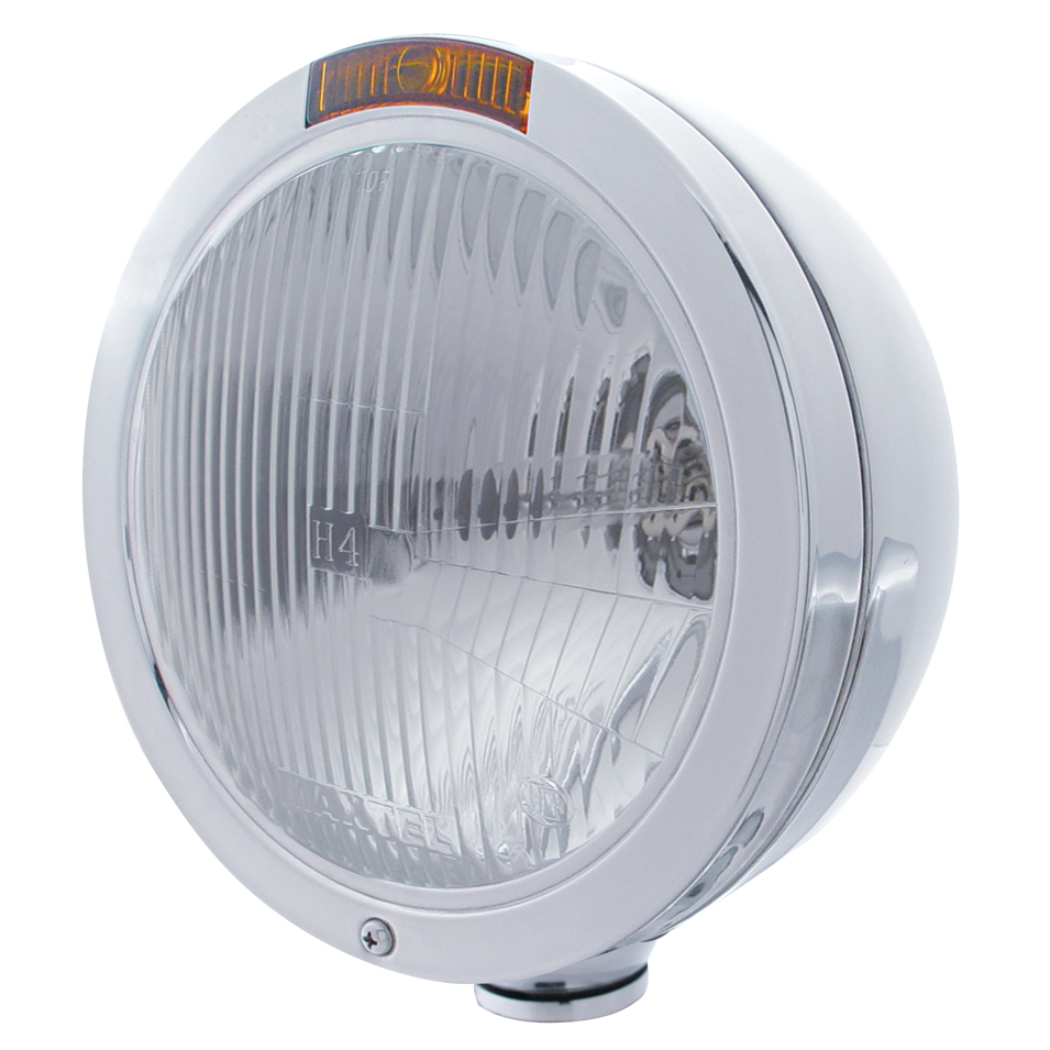 Stainless Steel Peterbilt "Bullet" H4 Halogen Headlight W/ 4 Amber Led Signal Light - Amber Lens