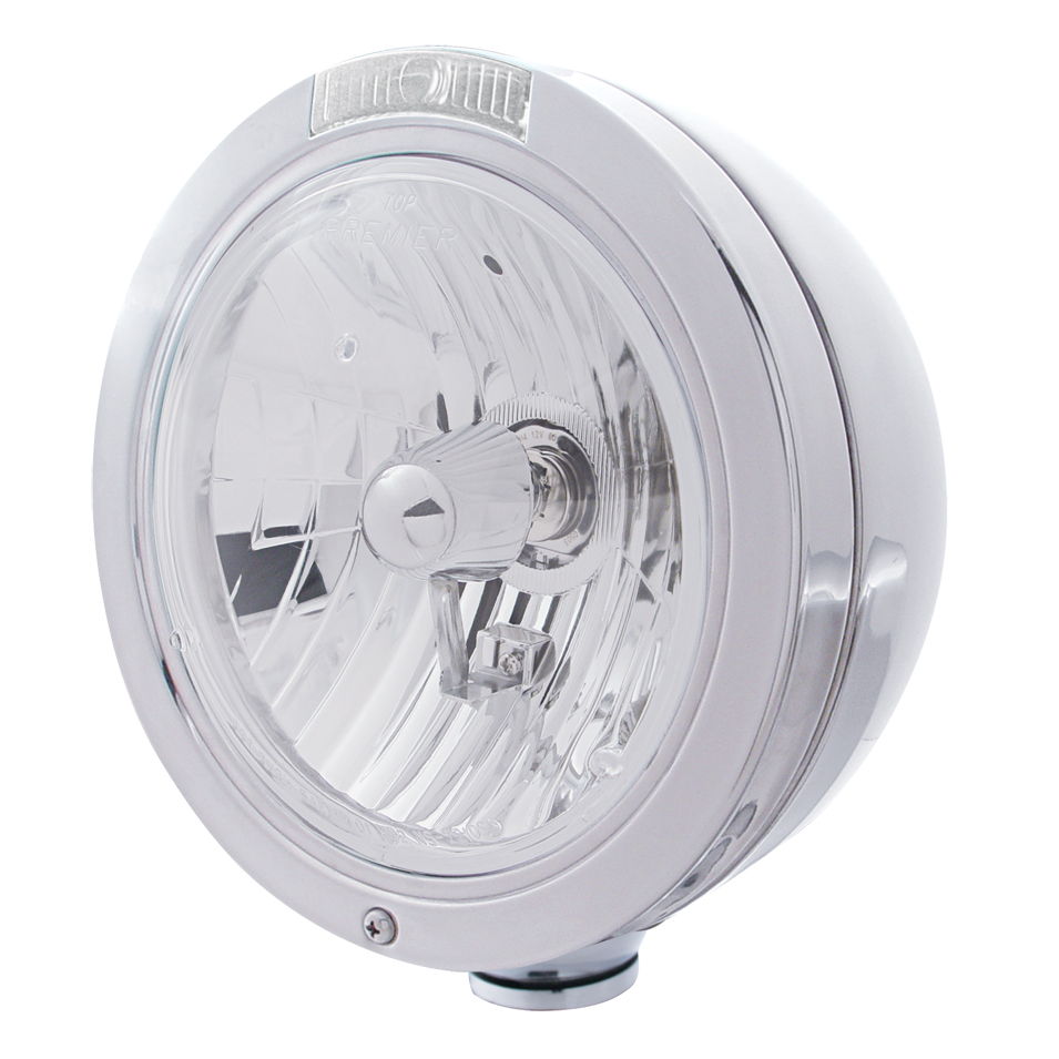 Stainless Steel Peterbilt "Bullet" Crystal H4 Halogen Headlight W/ 4 Amber Led Signal Light - Clear Lens