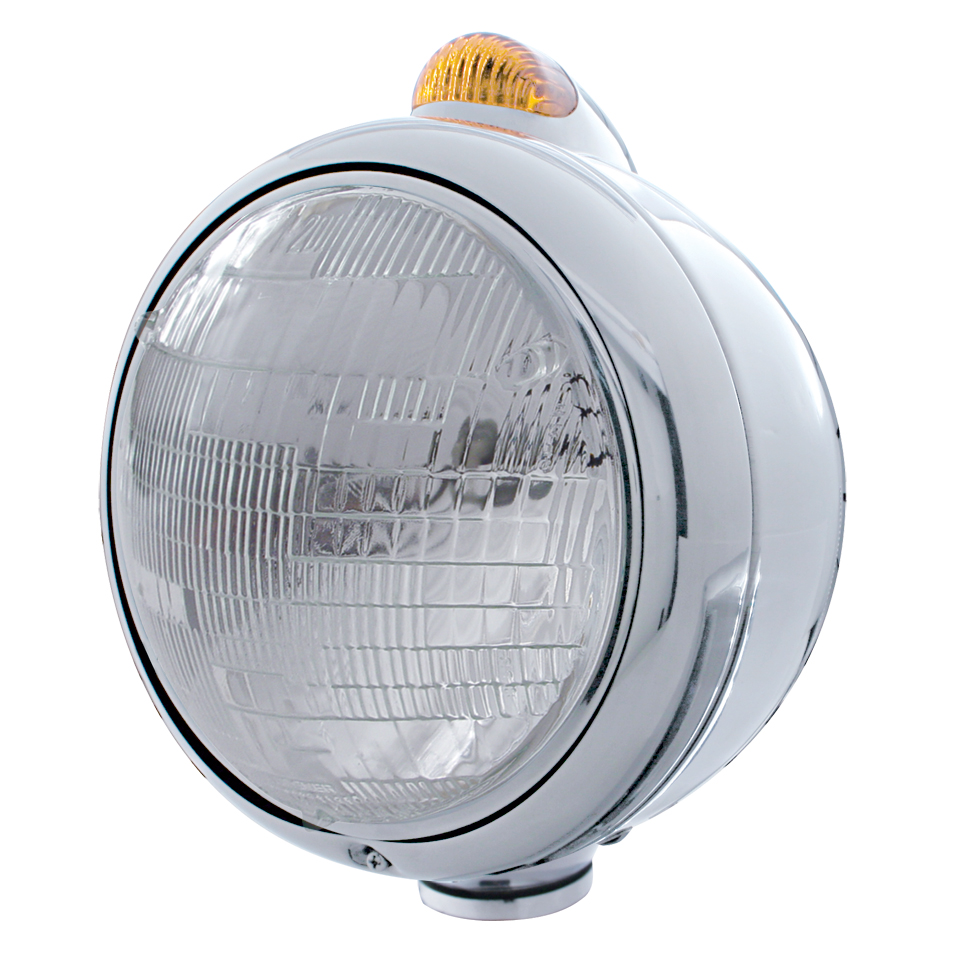 Stainless Steel "Guide" Peterbilt 6014 Sealed Beam Headlight W/ 5 Amber Led Top Mount Light - Amber Lens