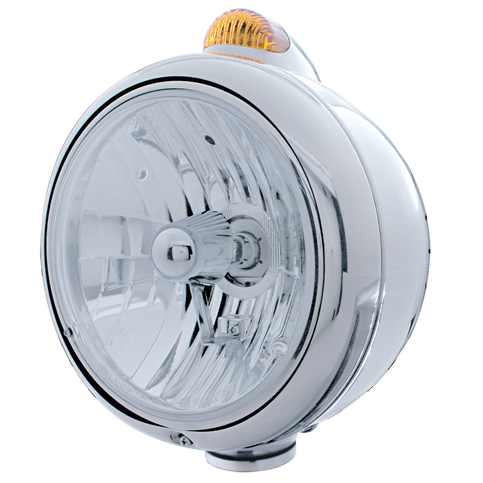 Stainless Steel "Guide" Peterbilt Crystal H4 Halogen Headlight W/ 5 Amber Led Top Mount Light - Amber Lens
