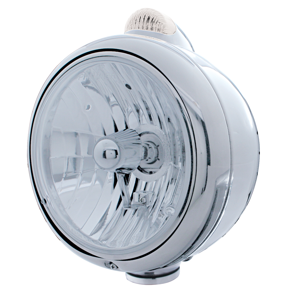Stainless Steel "Guide" Peterbilt Crystal H4 Halogen Headlight W/ 5 Amber Led Top Mount Light - Clear Lens