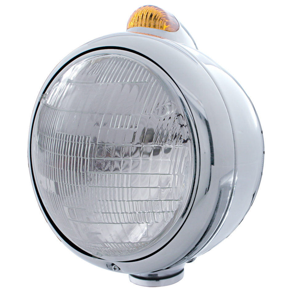 Chrome "Guide" Peterbilt 6014 Sealed Beam Headlight W/ 5 Amber Led Top Mount Light - Amber Lens
