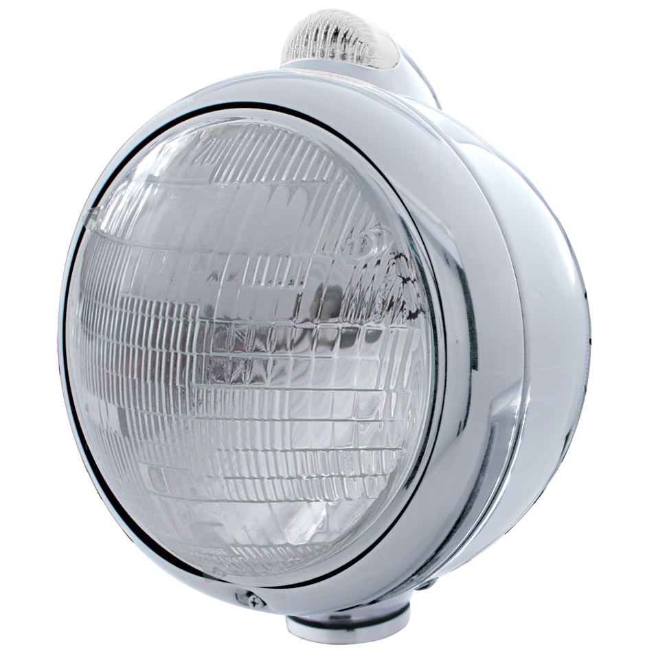Chrome "Guide" Peterbilt 6014 Sealed Beam Headlight W/ 5 Amber Led Top Mount Light - Clear Lens