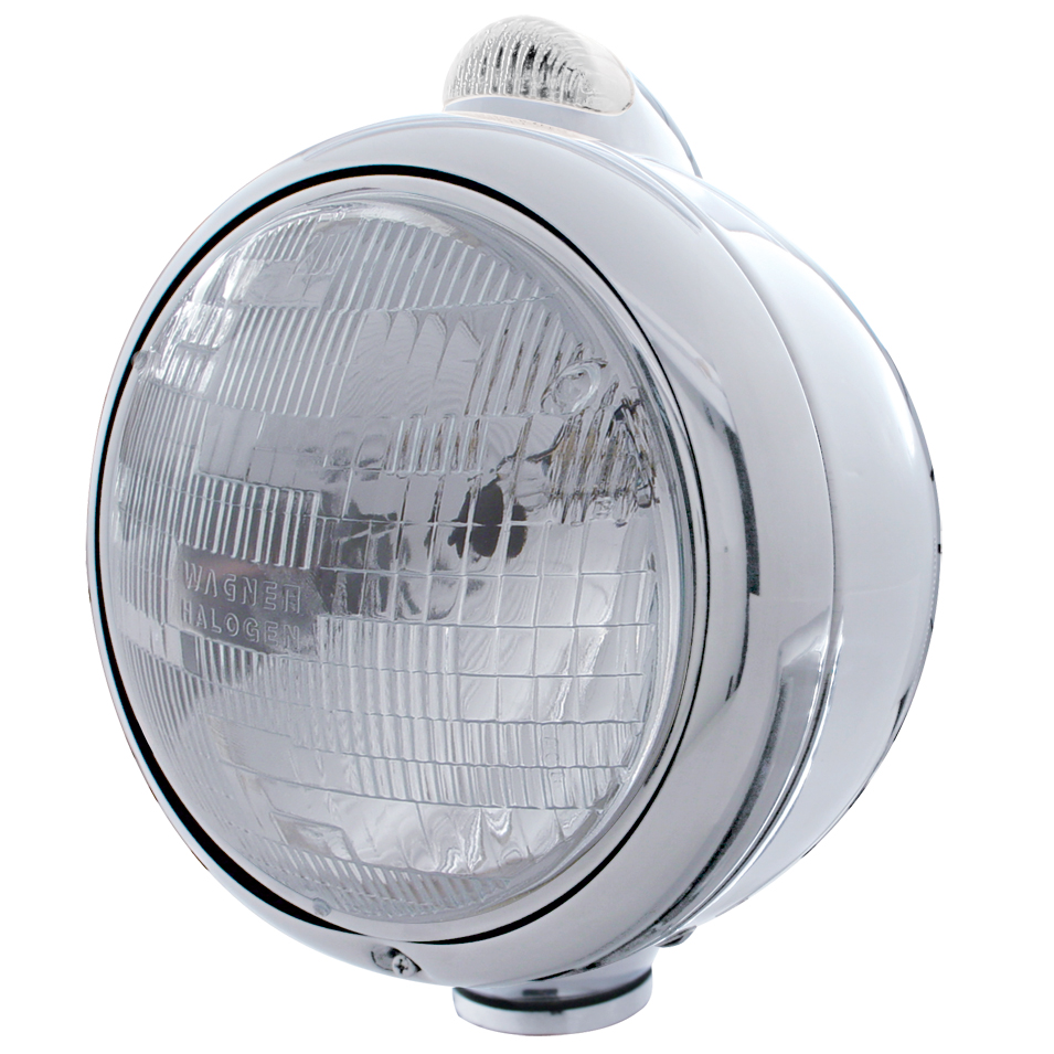 Chrome "Guide" Peterbilt H6024 Halogen Headlight W/ 5 Amber Led Top Mount Light - Clear Lens