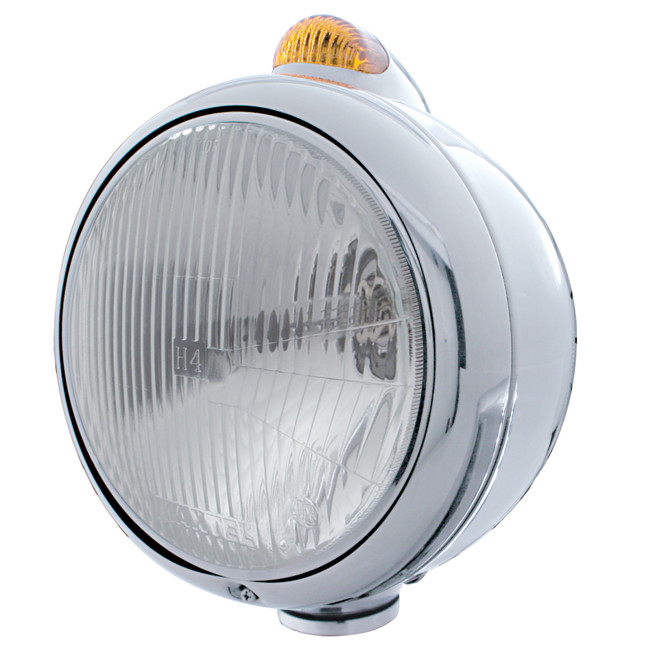 Chrome "Guide" Peterbilt H4 Halogen Headlight W/ 5 Amber Led Top Mount Light - Amber Lens