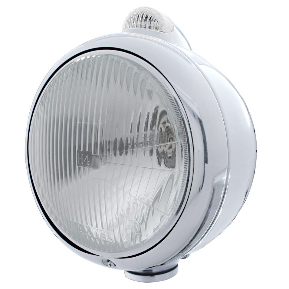 Chrome "Guide" Peterbilt H4 Halogen Headlight W/ 5 Amber Led Top Mount Light - Clear Lens