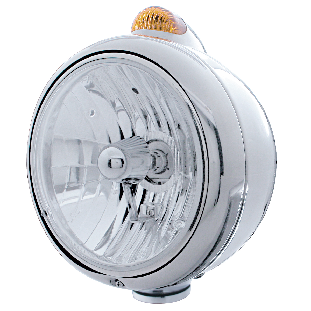 Chrome "Guide" Peterbilt Crystal H4 Halogen Headlight W/ 5 Amber Led Top Mount Light - Amber Lens