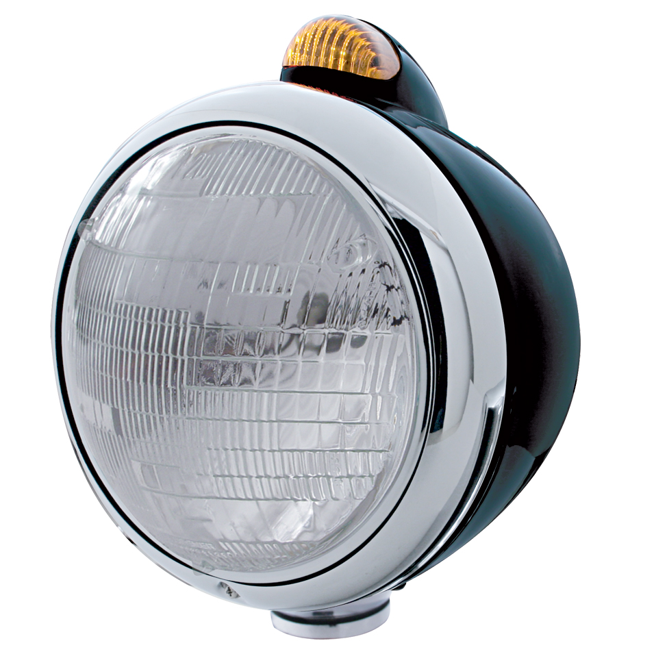 Black "Guide" Peterbilt 6014 Sealed Beam Headlight W/ 5 Amber Led Top Mount Light - Amber Lens