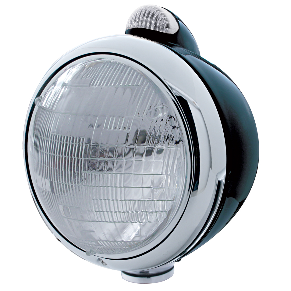 Black "Guide" Peterbilt 6014 Sealed Beam Headlight W/ 5 Amber Led Top Mount Light - Clear Lens