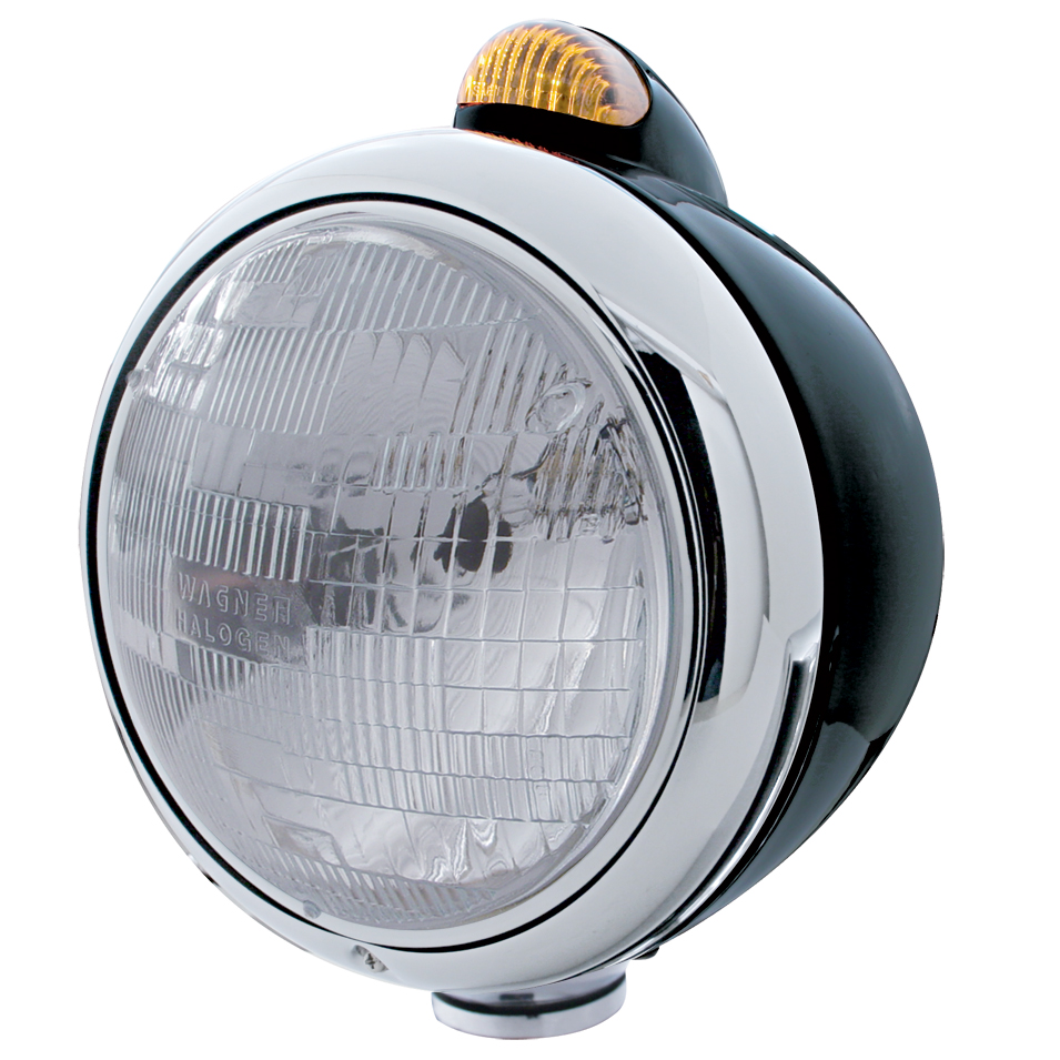 Black "Guide" Peterbilt H6024 Halogen Headlight W/ 5 Amber Led Top Mount Light - Amber Lens