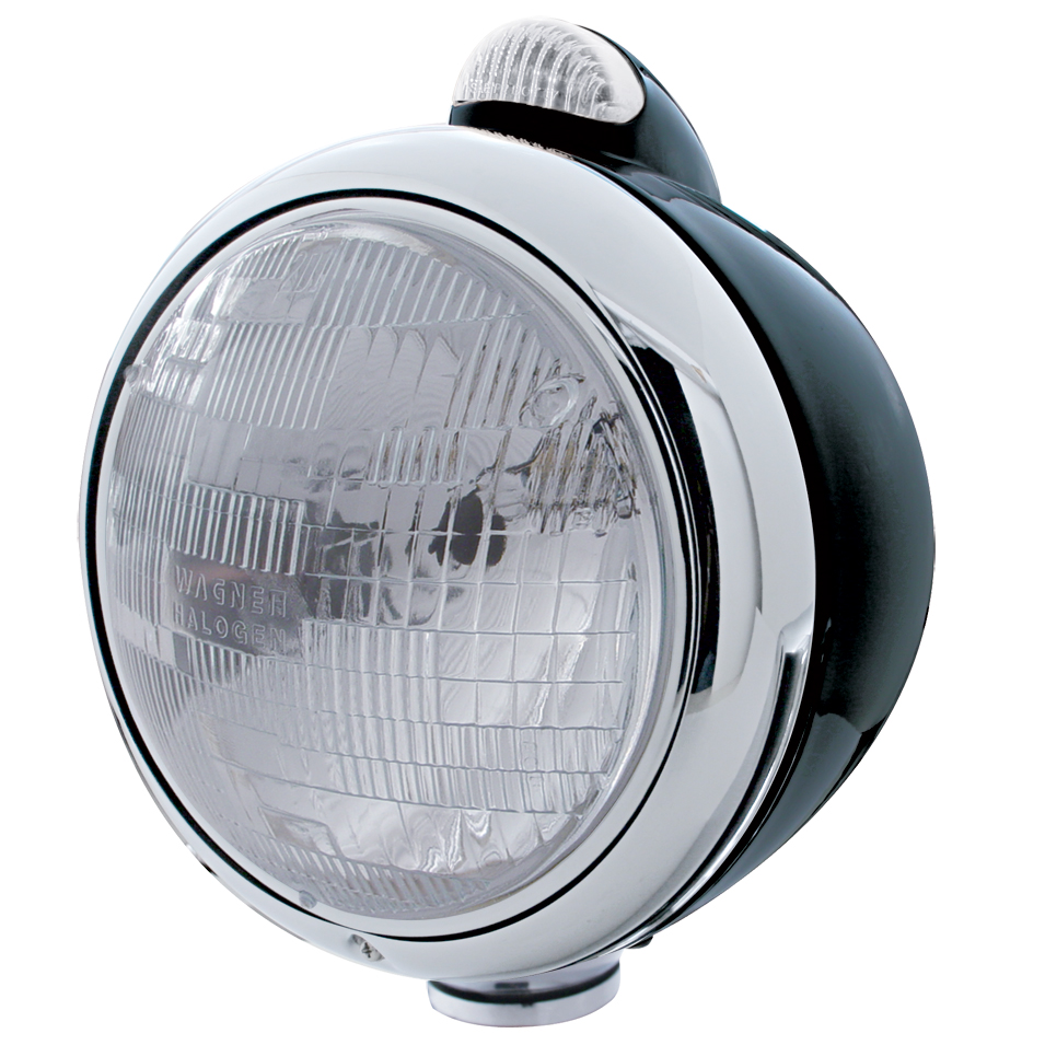 Black "Guide" Peterbilt H6024 Halogen Headlight W/ 5 Amber Led Top Mount Light - Clear Lens