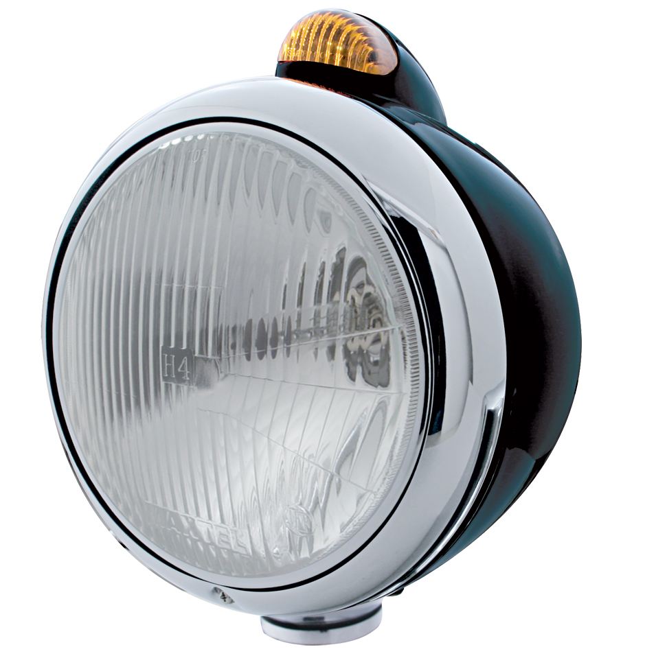 Black "Guide" Peterbilt H4 Halogen Headlight W/ 5 Amber Led Top Mount Light - Amber Lens