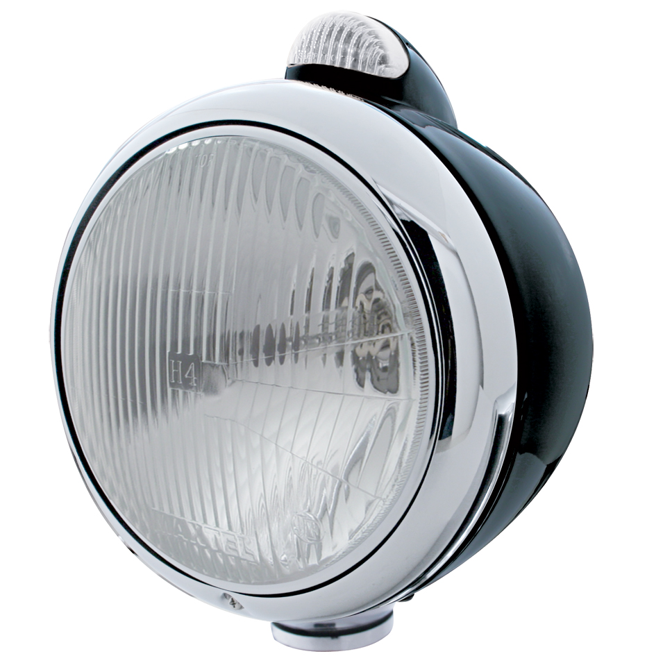 Black "Guide" Peterbilt H4 Halogen Headlight W/ 5 Amber Led Top Mount Light - Clear Lens