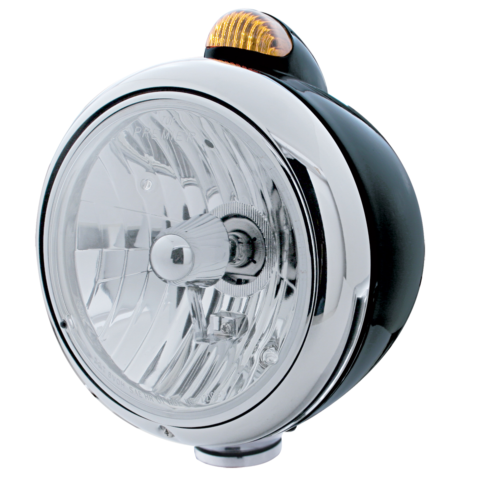 Black "Guide" Peterbilt Crystal H4 Halogen Headlight W/ 5 Amber Led Top Mount Light - Amber Lens