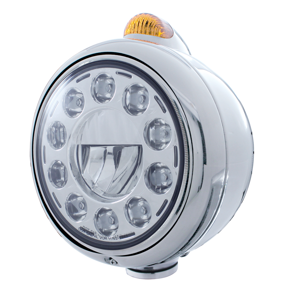 Stainless Steel "Guide" Peterbilt 11 High Power Led Crystal Headlight W/ 5 Amber Led Dual Function Top Mount Light - Amber Lens
