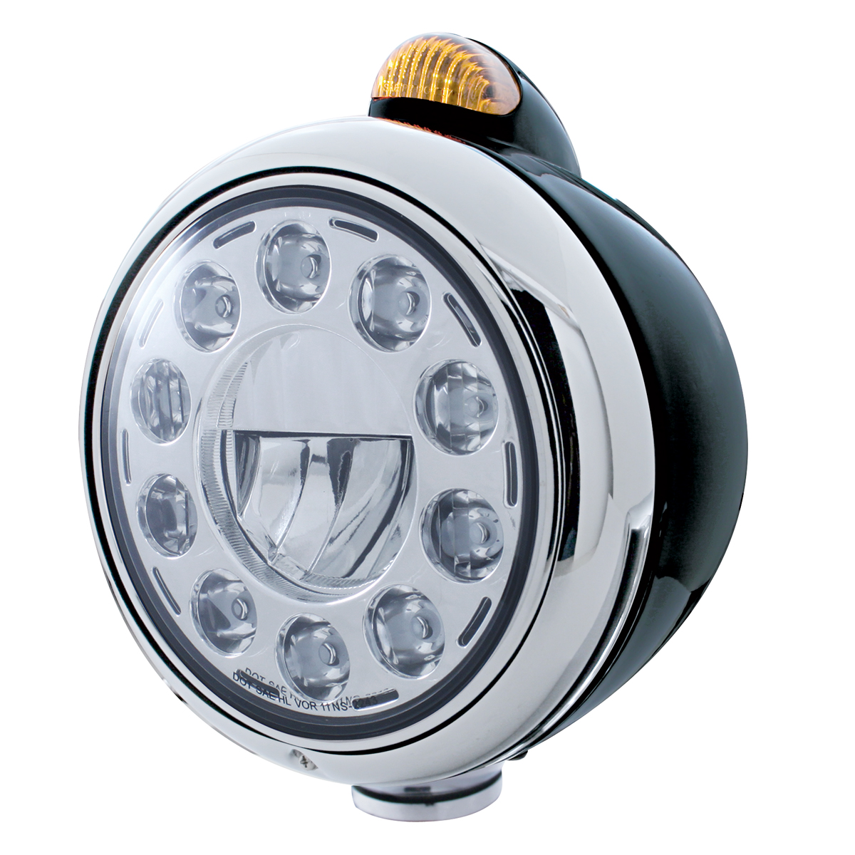 Black "Guide" Peterbilt 11 High Power Led Crystal Headlight W/ 5 Amber Led Dual Function Top Mount Light - Amber Lens