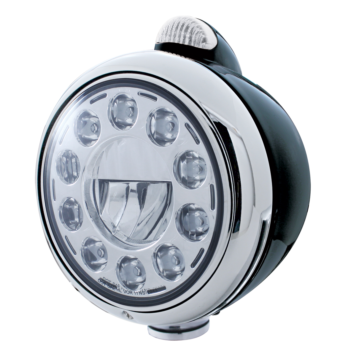 Black "Guide" Peterbilt 11 High Power Led Crystal Headlight W/ 5 Amber Led Dual Function Top Mount Light - Clear Lens