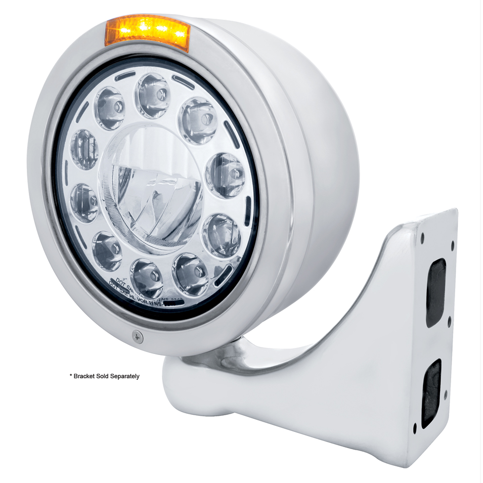 Stainless Steel "Bullet" Half-Moon Peterbilt 11 High Power Led Crystal Headlight W/ 4 Amber Led Signal Light - Amber Lens
